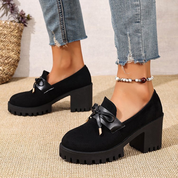 Women's French Loafer Suede Slip-on Shoes - Chunky Heel Pumps with Striped Design