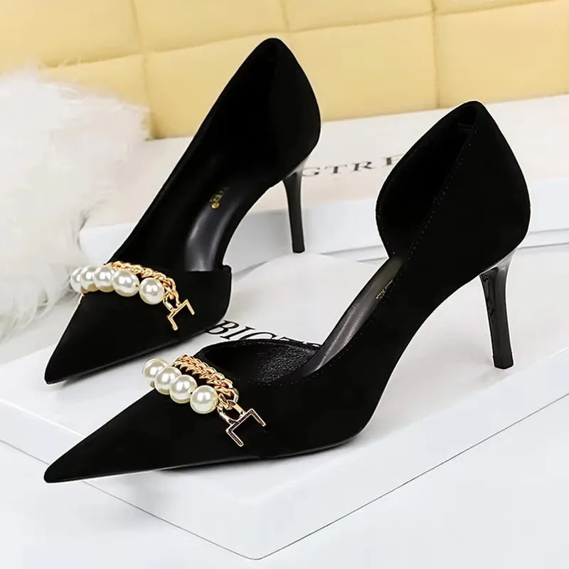 BIGTREE Shoes 2026 Spring Women Pumps Pearl Metal Chain High-Heels Checked Grain Stilettos Women Heels Luxury Banquet Shoes 43