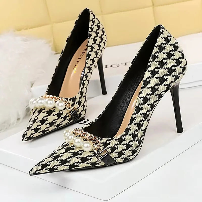 BIGTREE Shoes 2026 Spring Women Pumps Pearl Metal Chain High-Heels Checked Grain Stilettos Women Heels Luxury Banquet Shoes 43