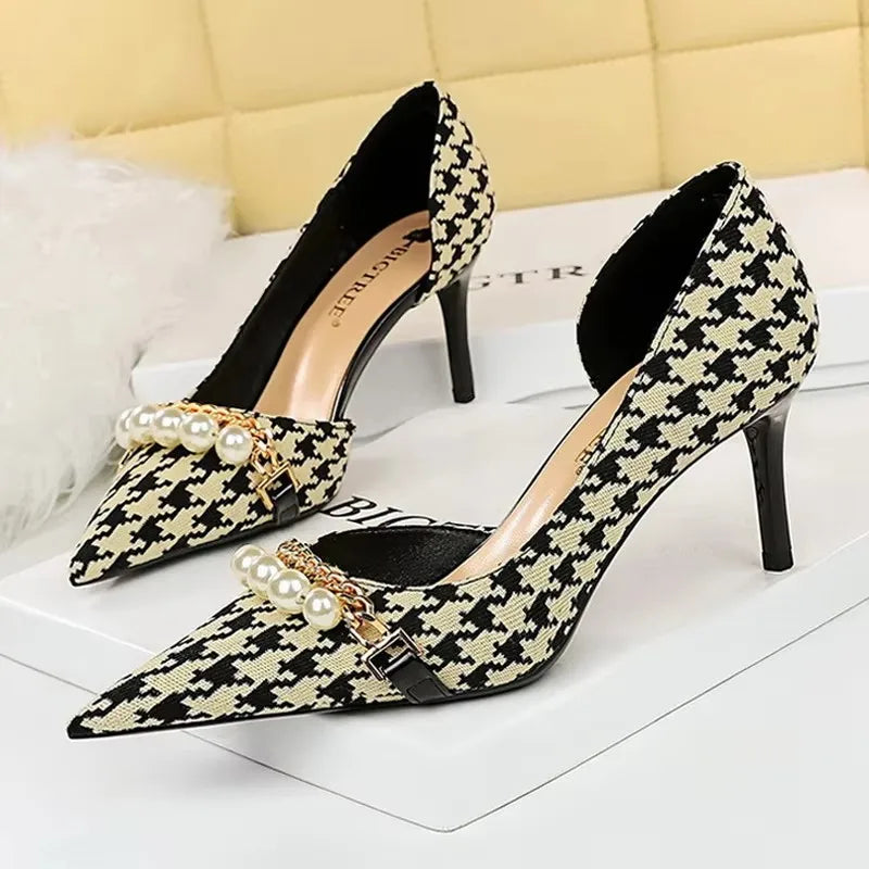 BIGTREE Shoes 2026 Spring Women Pumps Pearl Metal Chain High-Heels Checked Grain Stilettos Women Heels Luxury Banquet Shoes 43