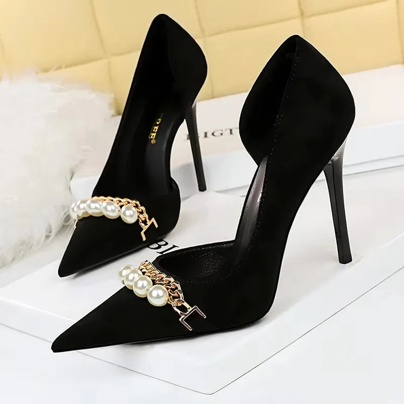 BIGTREE Shoes 2026 Spring Women Pumps Pearl Metal Chain High-Heels Checked Grain Stilettos Women Heels Luxury Banquet Shoes 43