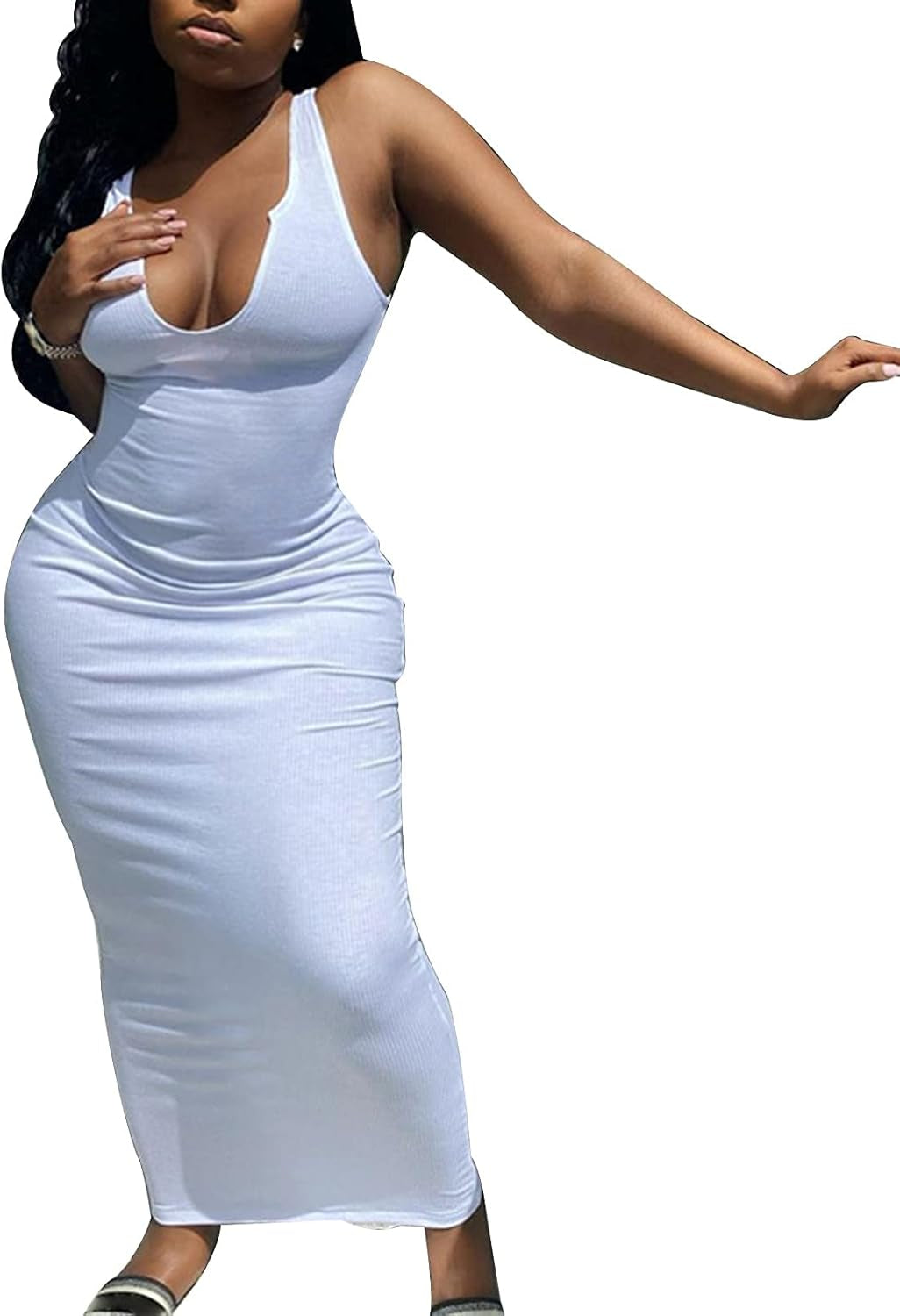 Womens Long Bodycon Maxi Tank Dress U Neck Ribbed Basic Summer Dress Sun Dresses White