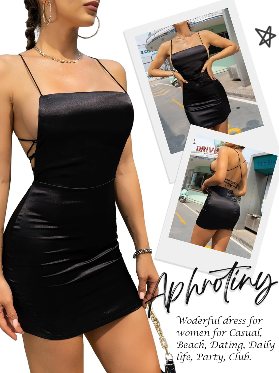 Sexy Satin Dress for Women Cowl Neck Backless Silk Slip Camisole Night Club Party Mini Dresses Black