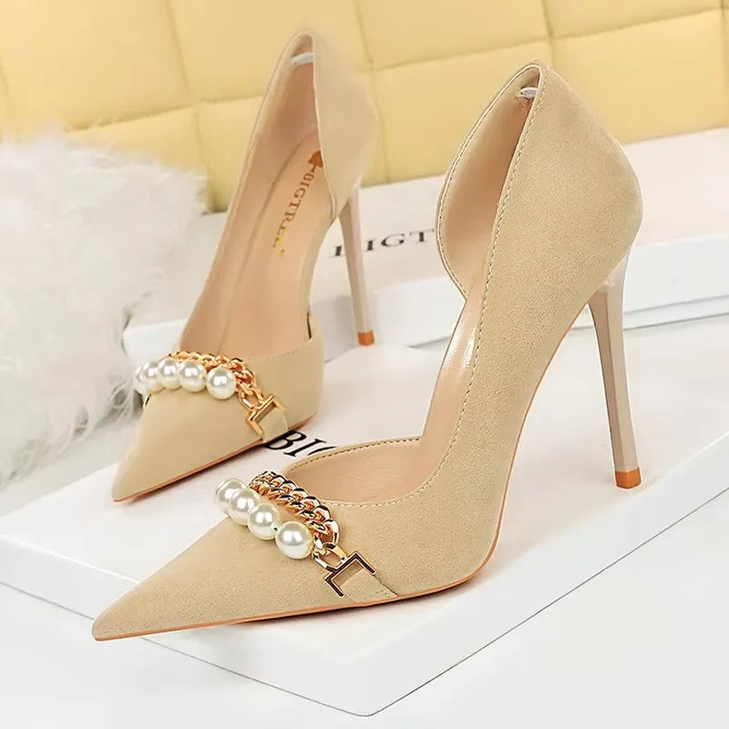 BIGTREE Shoes 2026 Spring Women Pumps Pearl Metal Chain High-Heels Checked Grain Stilettos Women Heels Luxury Banquet Shoes 43