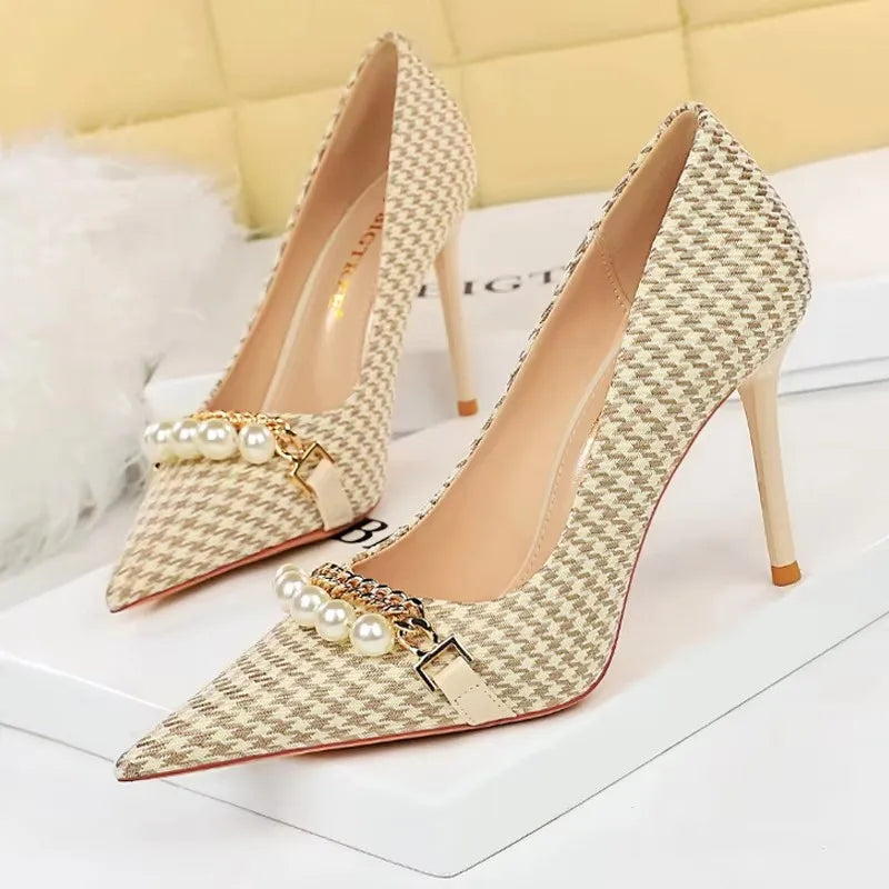 BIGTREE Shoes 2026 Spring Women Pumps Pearl Metal Chain High-Heels Checked Grain Stilettos Women Heels Luxury Banquet Shoes 43