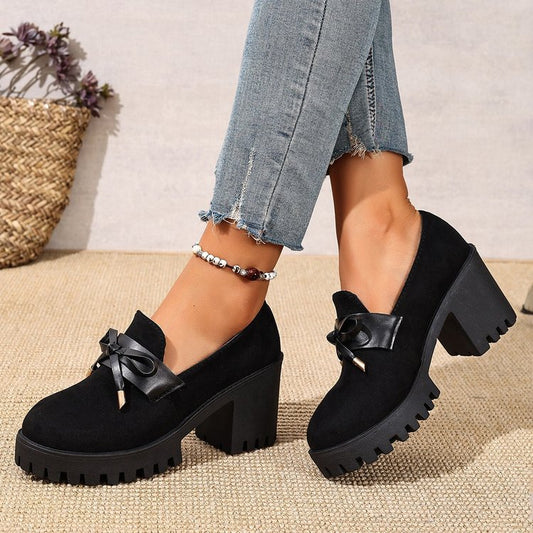 Women's French Loafer Suede Slip-on Shoes - Chunky Heel Pumps with Striped Design