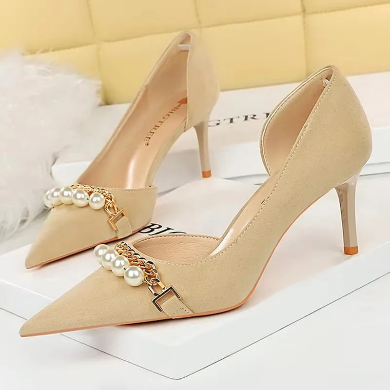 BIGTREE Shoes 2026 Spring Women Pumps Pearl Metal Chain High-Heels Checked Grain Stilettos Women Heels Luxury Banquet Shoes 43