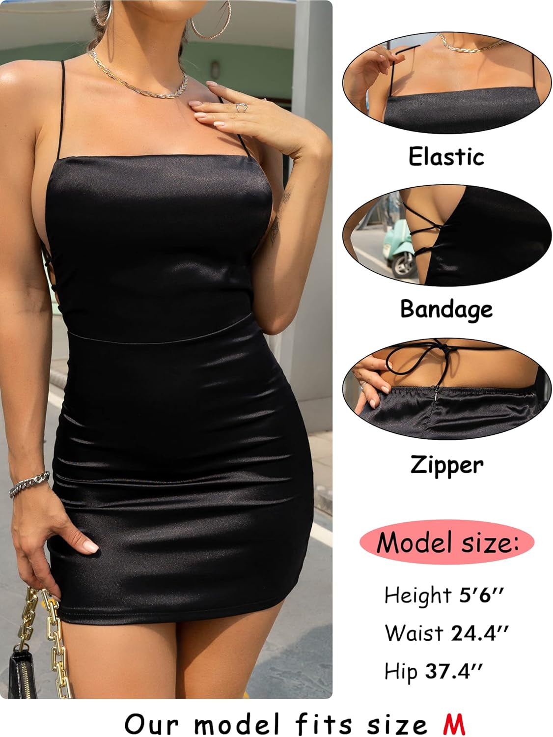 Sexy Satin Dress for Women Cowl Neck Backless Silk Slip Camisole Night Club Party Mini Dresses Black