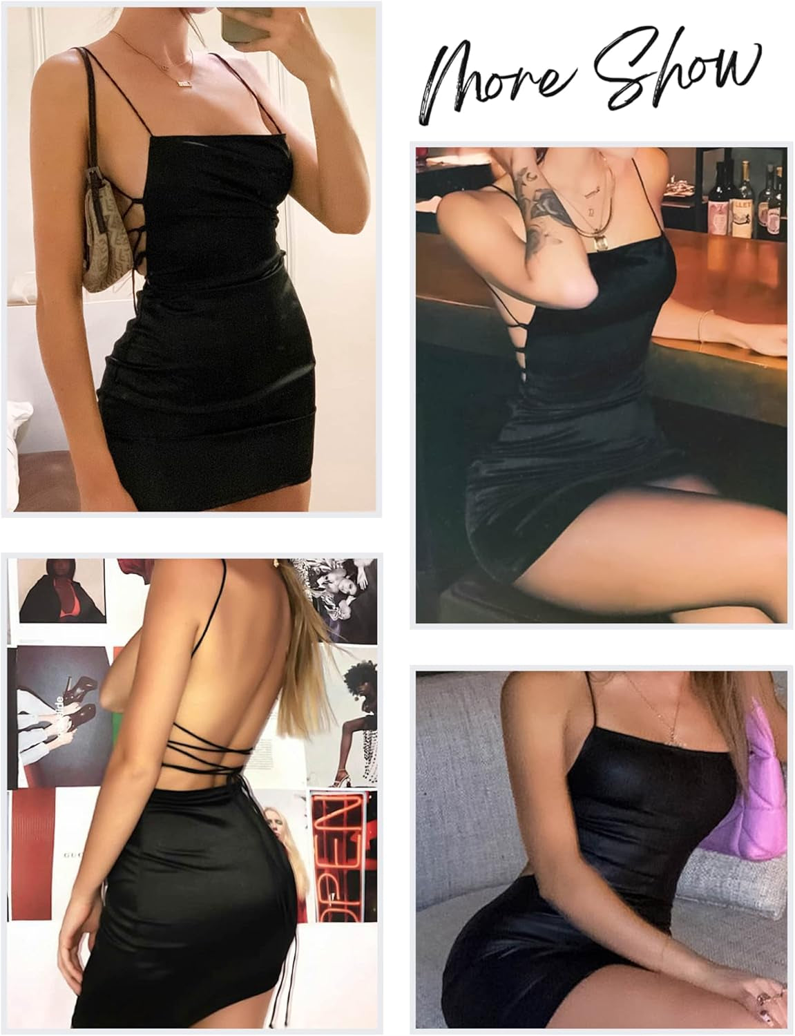 Sexy Satin Dress for Women Cowl Neck Backless Silk Slip Camisole Night Club Party Mini Dresses Black